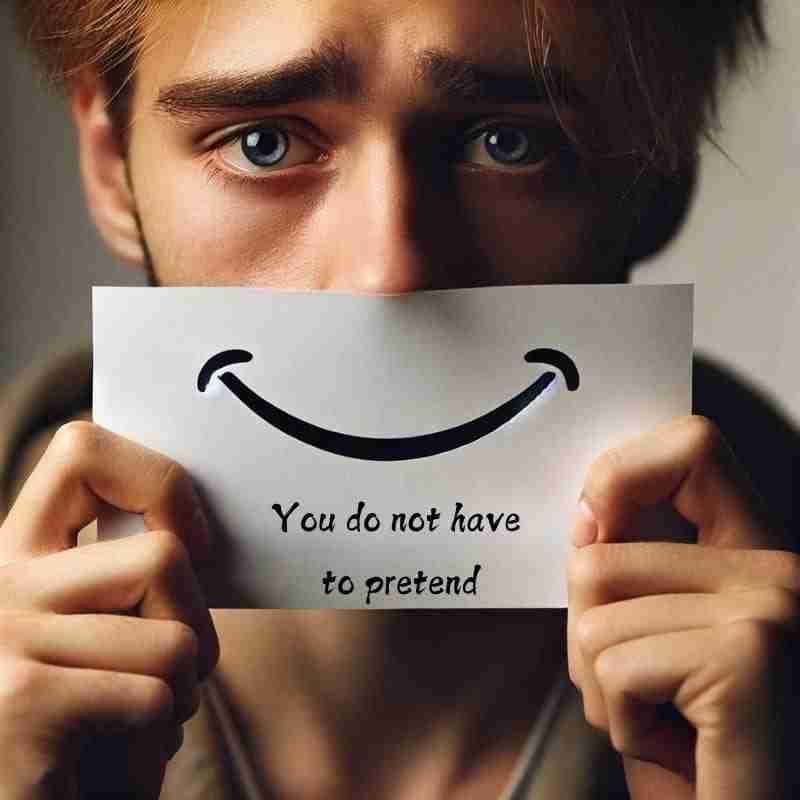An AI generated image of a sad man holding up a piece of paper with a smile on it, covering their mouth. Underneath the smile it says, "You do not have to pretend."