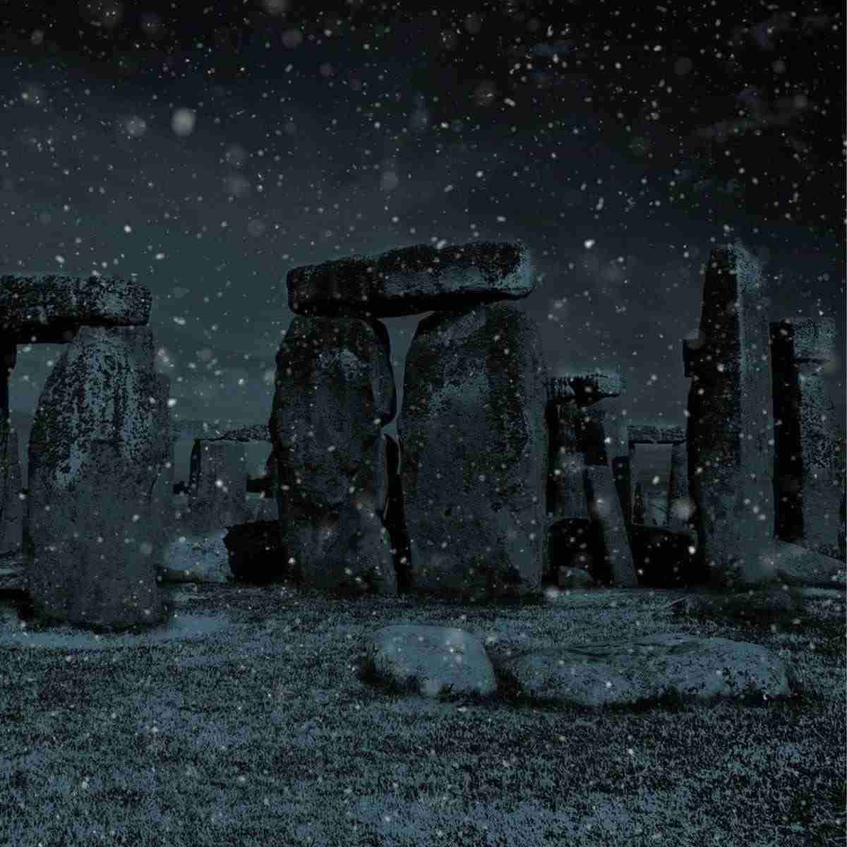 Stonehenge during snowfall. 