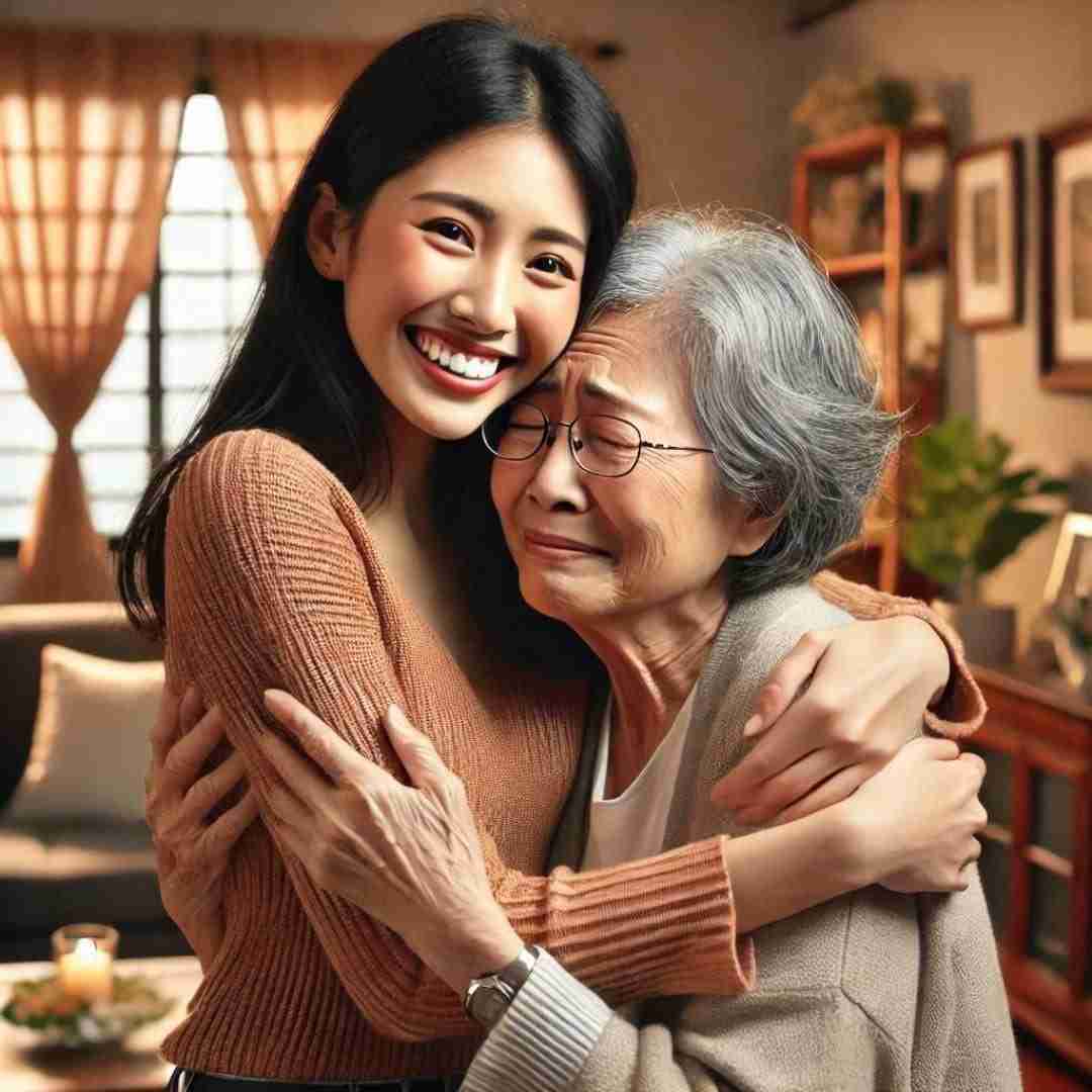 AI-image of young Asian woman hugging her elderly Asian grandmother with gratitude.