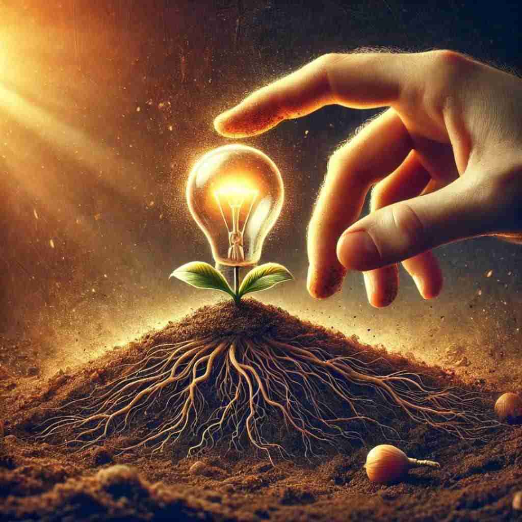 13 - Resilient Stories AI-generated image depicting a creative idea as a glowing seed being planted in fertile soil, with nurturing hands and a sunrise in the background symbolizing growth and new beginnings.
