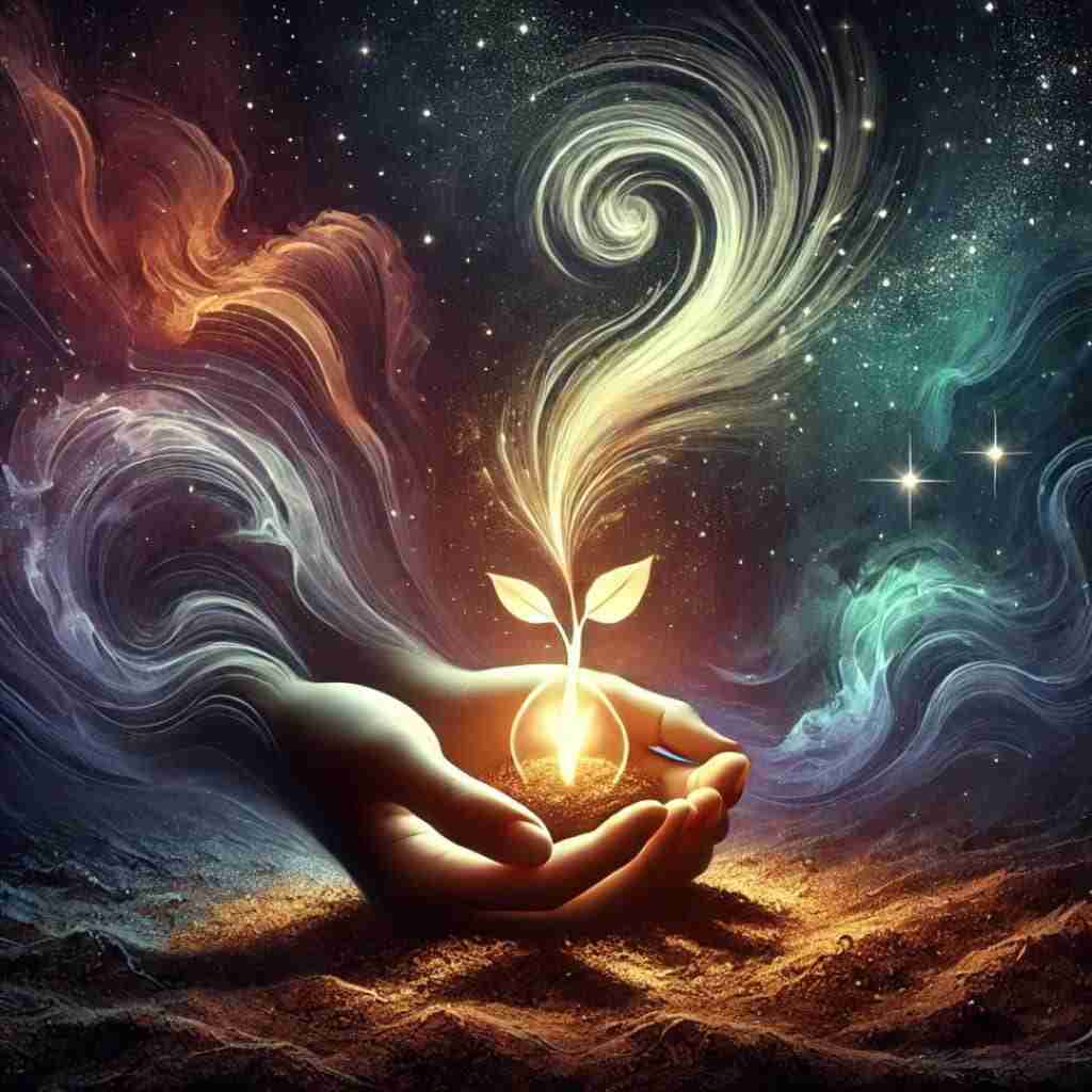 14 - Resilient Stories AI-generated image illustrating a glowing “seed of creativity” surrounded by swirling energy, with nurturing hands and a warm, surreal atmosphere.