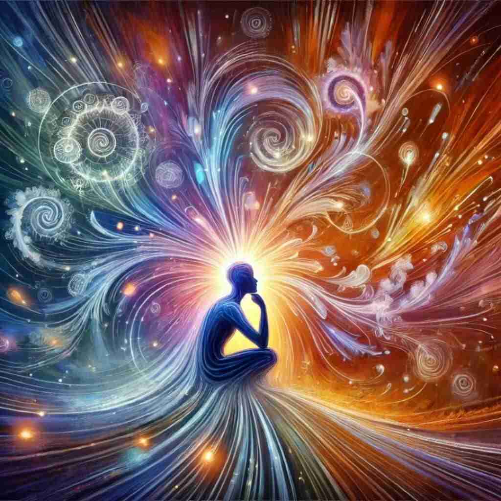 15 - Resilient Stories AI-generated image depicting a person in a reflective pose with vibrant light emanating from their heart or mind, symbolizing inner creativity and self-expression. Abstract waves of thoughts and emotions flow outward, creating a contemplative and inspiring atmosphere.