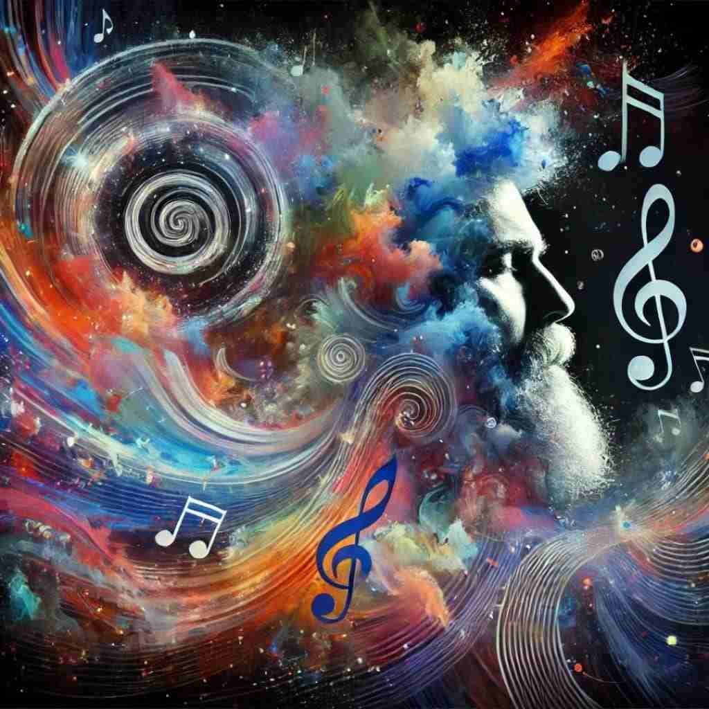 16 - Resilient Stories AI-generated conceptual image that symbolizes Rick Rubin’s essence as a creative visionary, with swirling colors, textures, and faint, impressionistic shapes hinting at his influence and creative energy.