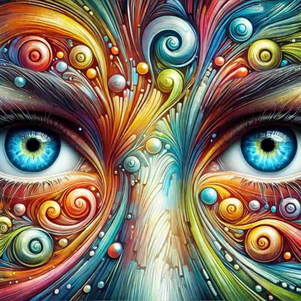 17 - Resilient Stories AI-generated image of brightly colored, artistic eyes with vibrant, swirling patterns around the irises to symbolize creativity and imagination.