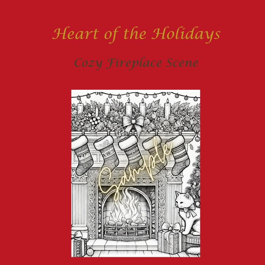 An image of one of our Christmas coloring pages featuring a mantle with stockings and greenery and a cute kitten by the fireplace.