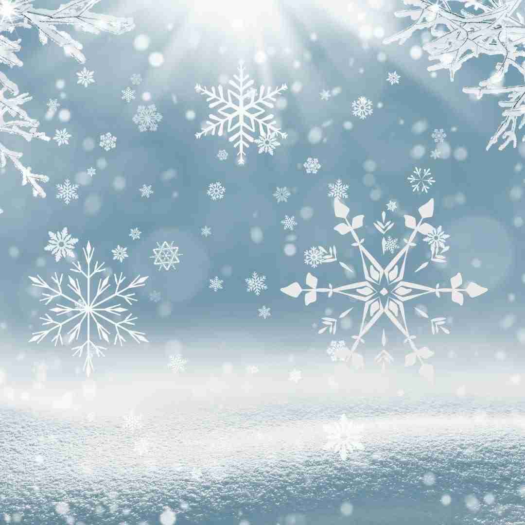AI-generated image of snowflakes falling against blue backdrop.