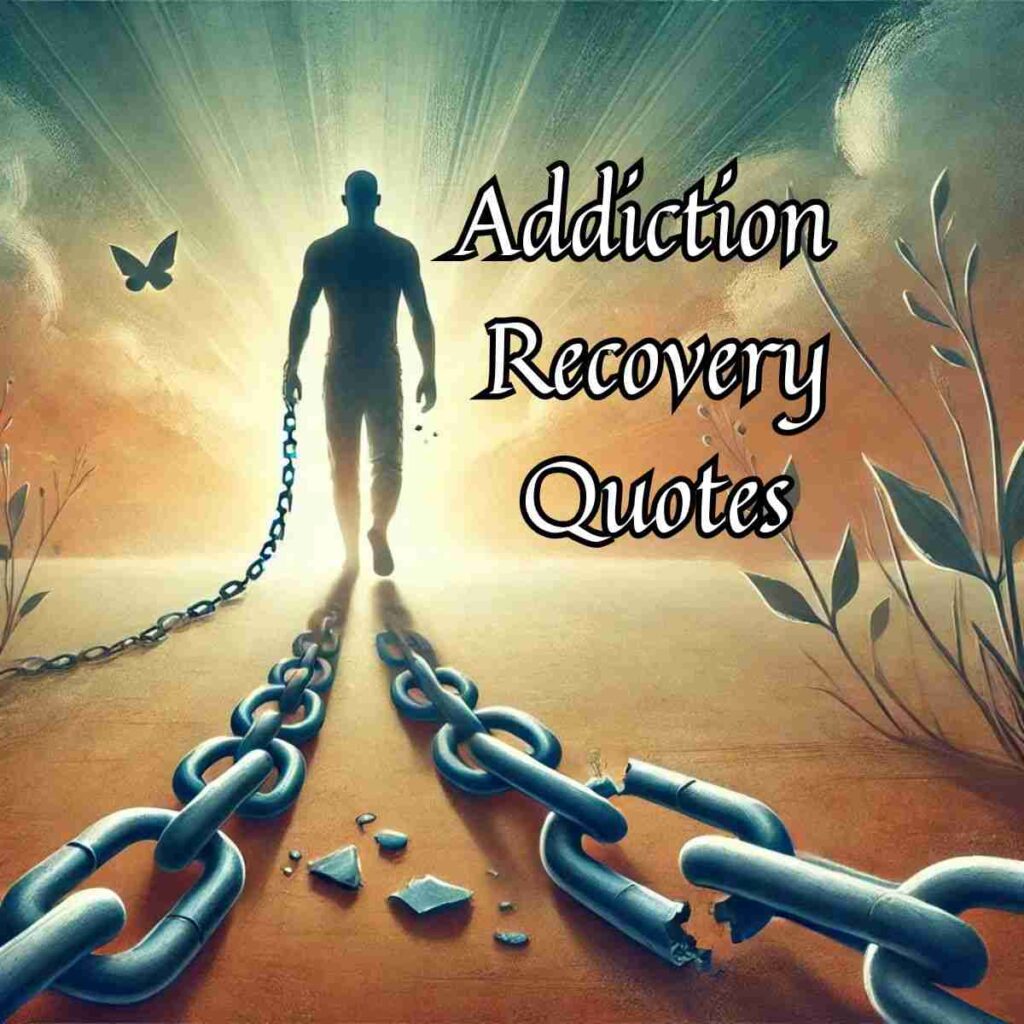 An AI generated image of an artistic representation of a figure breaking free from addiction. The chains are shattered, yet part remains attached to the ground as the figure walks toward a glowing horizon. This evokes themes of recovery, resilience, and hope, symbolizing the journey to freedom found in these addiction recovery quotes.
