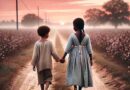 An AI generated image of a soft, artistic depiction of a young girl of color leading her little brother down a southern dirt road at dawn. With soft pink and orange hues, this image captures the siblings' early morning journey through fields, symbolizing Marion’s resilience and determination.
