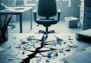 An AI generated image of a workspace with a cracked desk, papers scattered, and a chair slightly pulled back as if someone has just left. The cracks on the desk symbolize the breakdown of a supportive environment, and the scattered items represent a disrupted career through constructive dismissal.