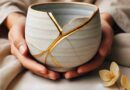 An AI generated image of hands gently holding a ceramic bowl repaired with golden seams, illustrating the Japanese art of Kintsugi. The gold lines highlight the cracks, symbolizing the beauty of embracing imperfections. The background is soft and neutral, creating a calming and reflective atmosphere.