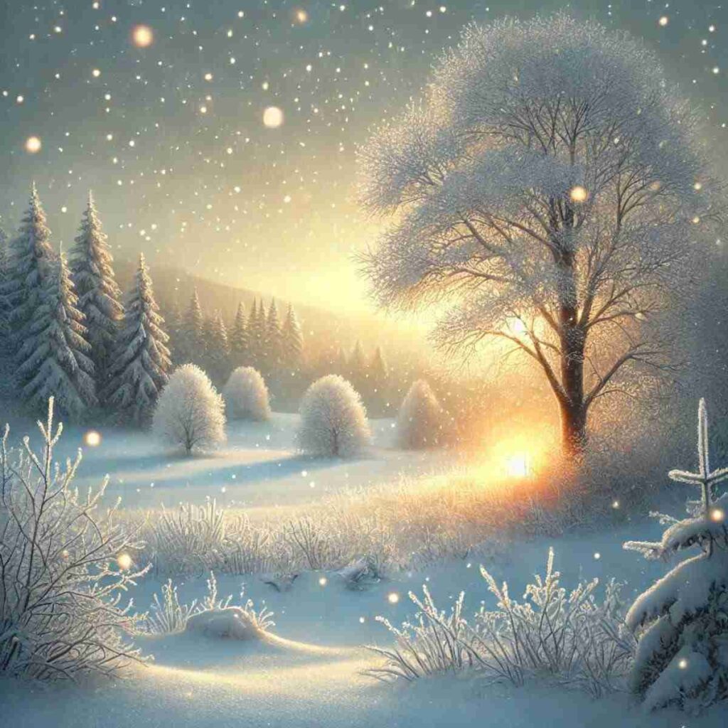 Serene winter image with sunlight shining through snow-covered trees and snow gently falling in woodland setting