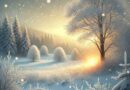 Serene winter image with sunlight shining through snow-covered trees and snow gently falling in woodland setting