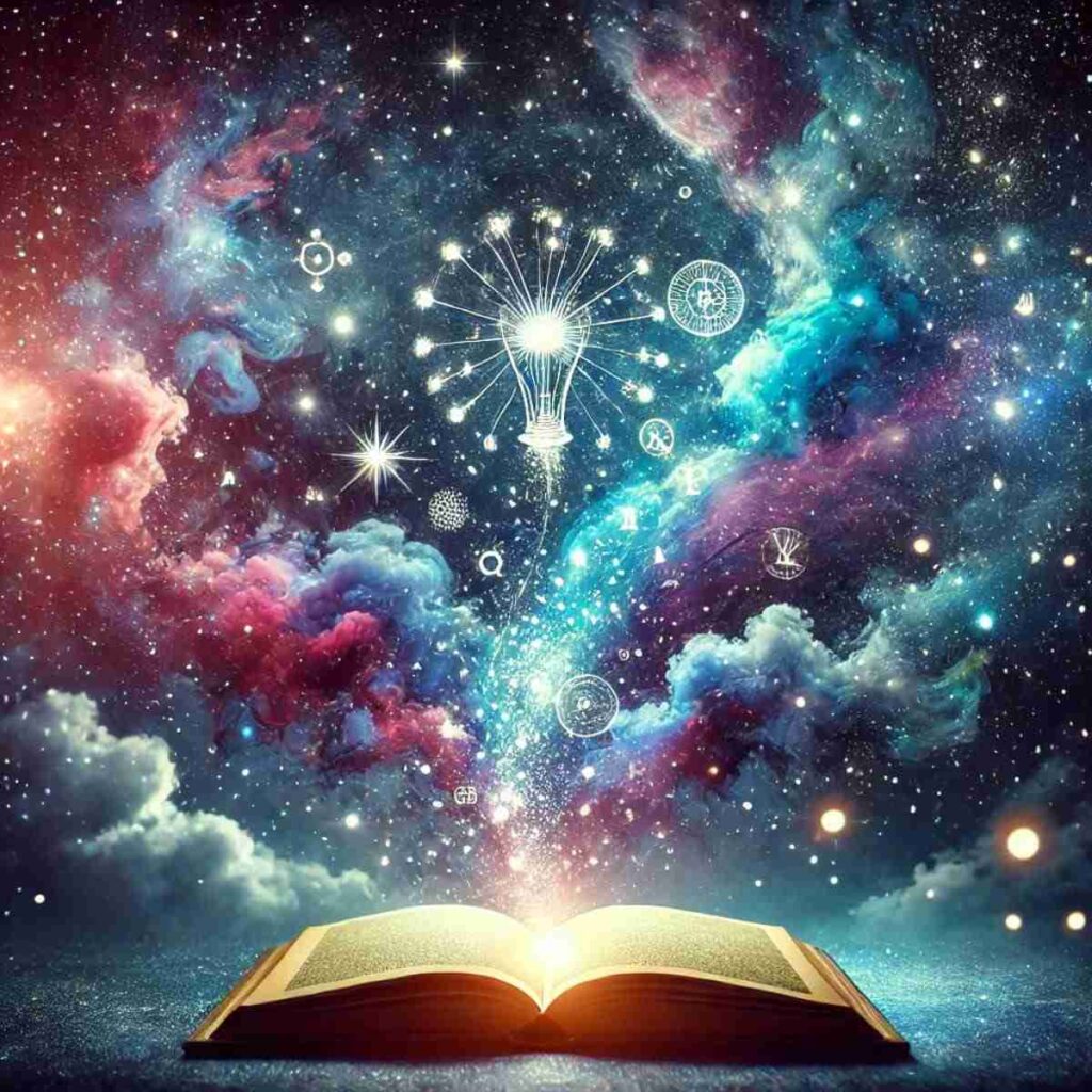 AI-generated image of An open book in a starry sky with ideas flowing as constellations, symbolizing the boundless potential of creativity.