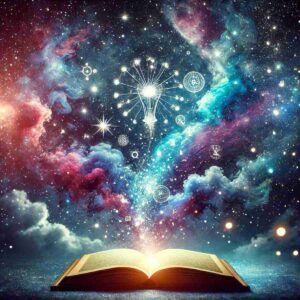 AI-generated image of An open book in a starry sky with ideas flowing as constellations, symbolizing the boundless potential of creativity.