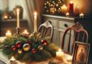 A holiday table set with soft candlelight, an empty chair, a photo frame of a family member, and festive decorations, symbolizing remembrance and warmth.