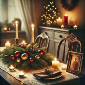 A holiday table set with soft candlelight, an empty chair, a photo frame of a family member, and festive decorations, symbolizing remembrance and warmth.