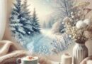 A peaceful winter scene blending a cozy indoor space with a warm beverage and a snowy outdoor landscape, reflecting serenity and calm.