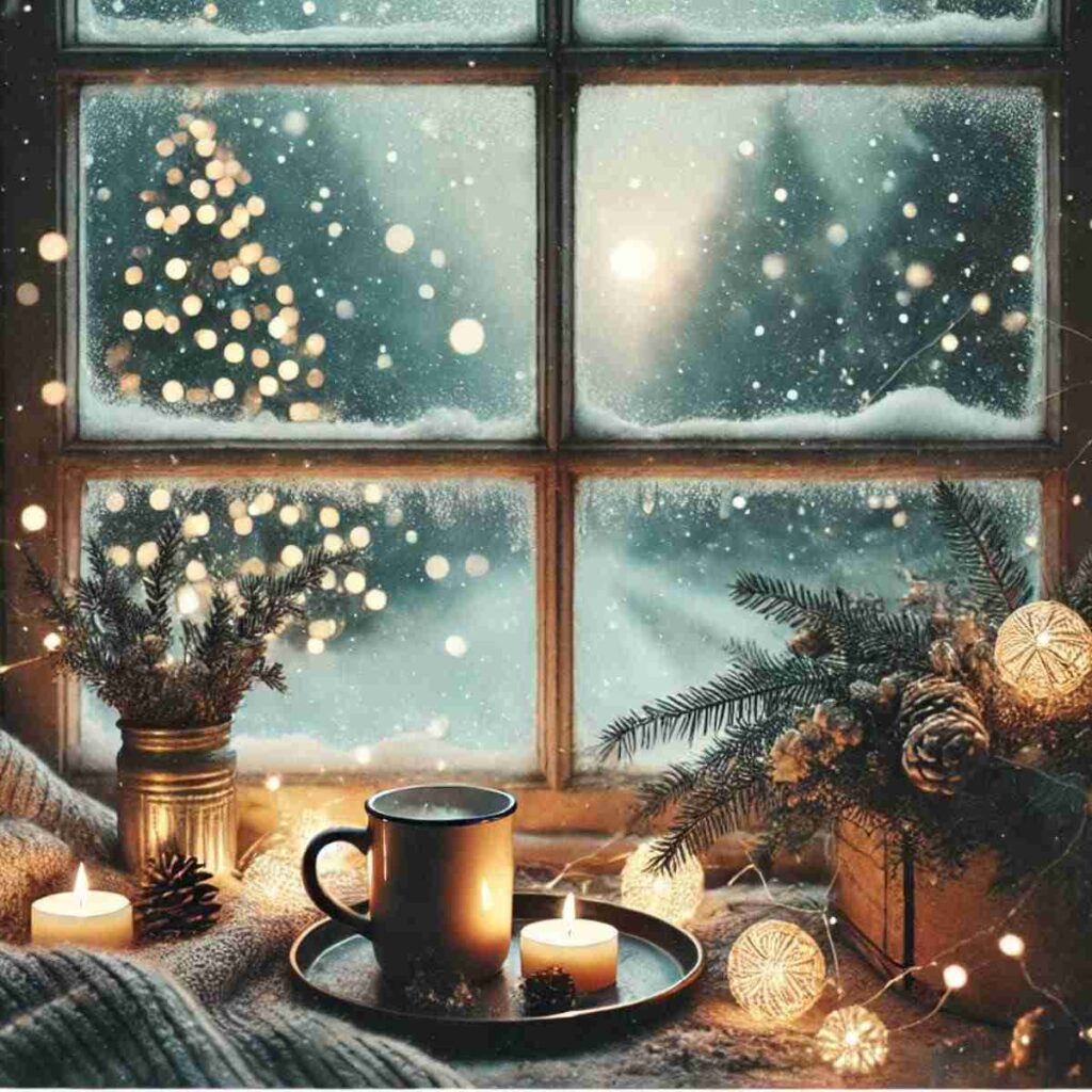 A cozy winter scene viewed through a frosted window, with snow gently falling outside. Warm lights twinkle on a distant Christmas tree, while inside, a mug sits on a tray surrounded by candles and pine decorations, creating a festive and peaceful atmosphere like the one in these December quotes.