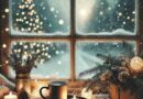 A cozy winter scene viewed through a frosted window, with snow gently falling outside. Warm lights twinkle on a distant Christmas tree, while inside, a mug sits on a tray surrounded by candles and pine decorations, creating a festive and peaceful atmosphere like the one in these December quotes.