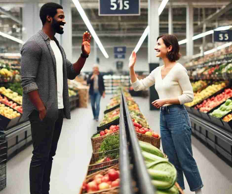 AI-generated image of man and woman waving hello across the grocery store aisle.