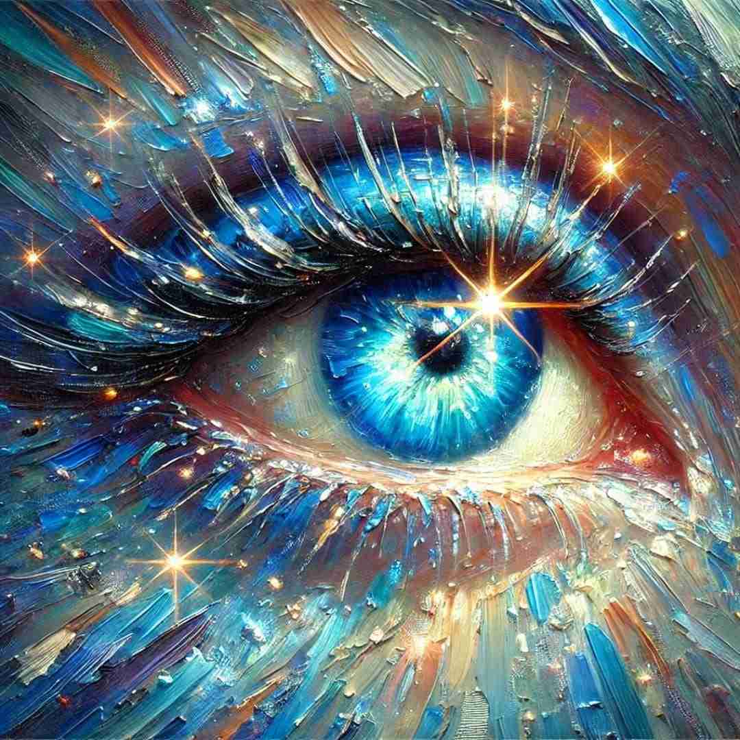 AI-image of impressionist-style painting of blue eye (up close) shining and sparkling.