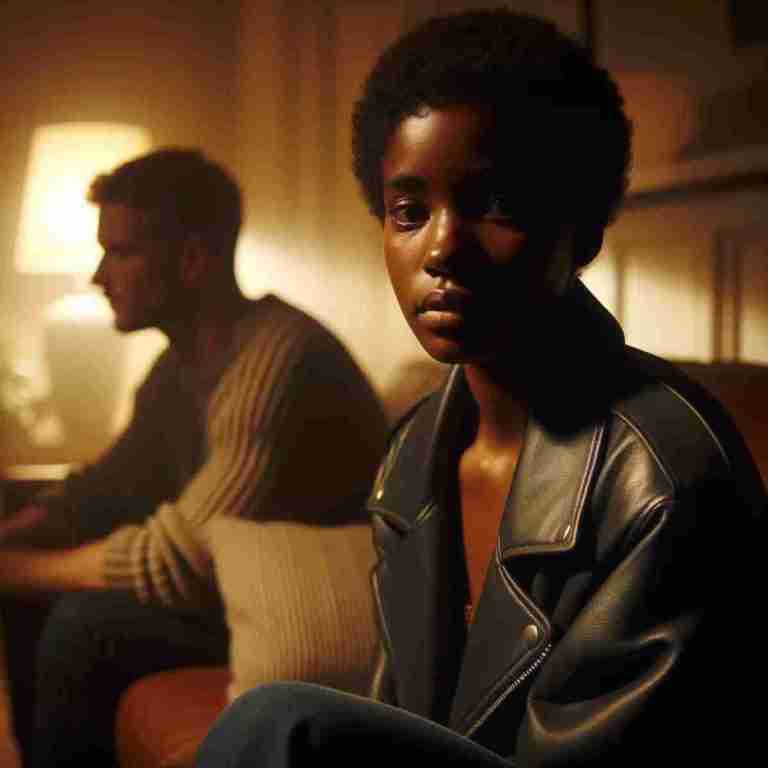 Black woman and white man on a couch looking unhappy.