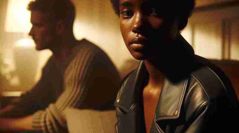Black woman and white man on a couch looking unhappy.