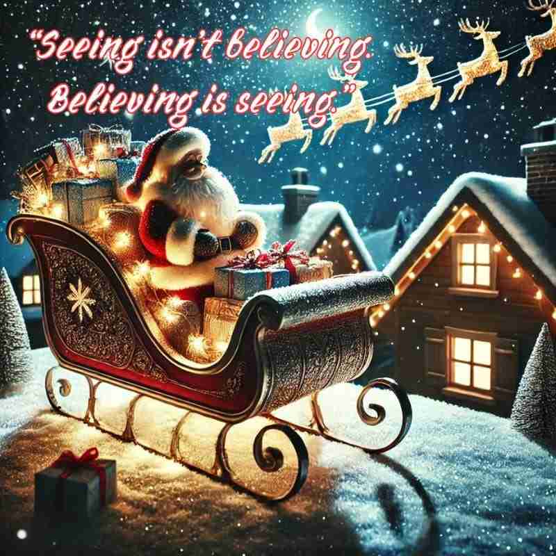 An AI generated image of Santa’s sleigh parked on a snowy rooftop at night, with stars twinkling above. The text overlay reads, "Seeing isn't believing. Believing is seeing."