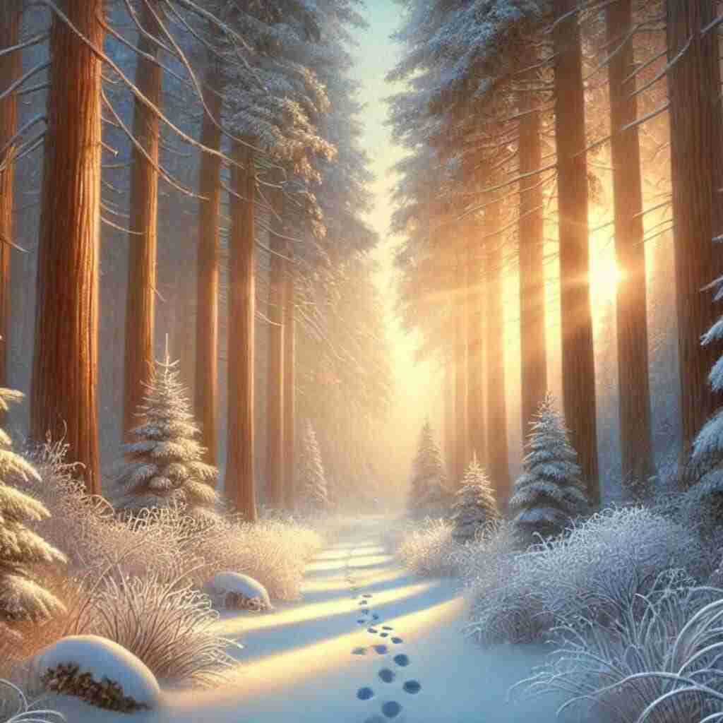 1 - Resilient Stories AI-generated image of footprints in the snow leading into a snow-covered forest.