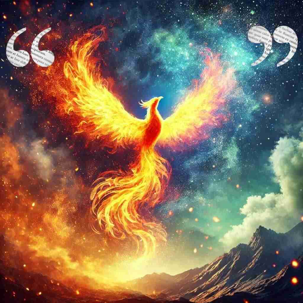 10 - Resilient Stories AI-generated image of a phoenix rising from flames into a starry sky with text-filled quotation marks on either side of it symbolizing transformation quotes.