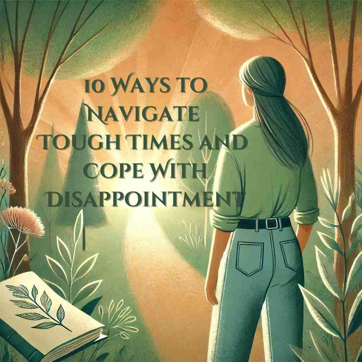 AI generated image of Illustration of a woman standing on a path in a peaceful forest, looking towards a soft, glowing light symbolizing hope and resilience through tough times.