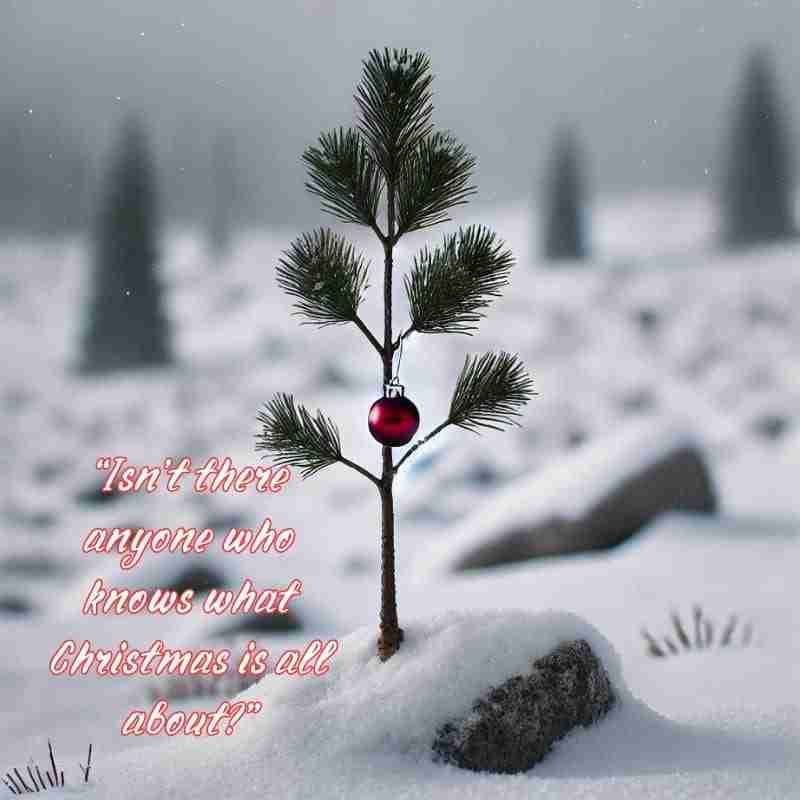 An AI generated image of Charlie Brown’s small, sparse Christmas tree, surrounded by a simple snowy landscape. The text overlay reads, "Isn't there anyone who knows what Christmas is all about?"
