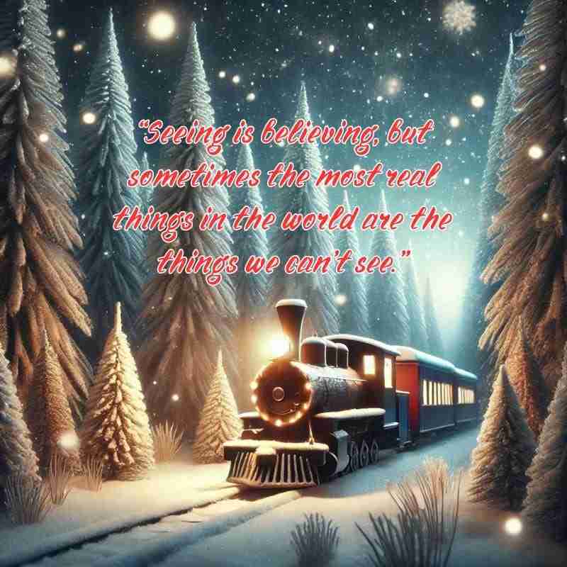 An AI generated image of a vintage train in a wintery, snow-covered forest at night, with a glow coming from the train. The text overlay reads, "Seeing is believing, but sometimes the most real things in the world are the things we can't see."