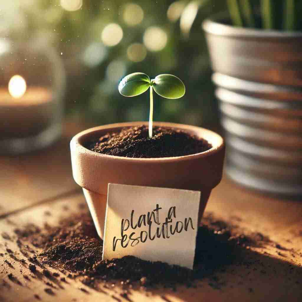 2 - Resilient Stories AI-generated image of a small potted plant with new seedling sprouting out, and a sticky note leaning against the pot that reads "plant a resolution."