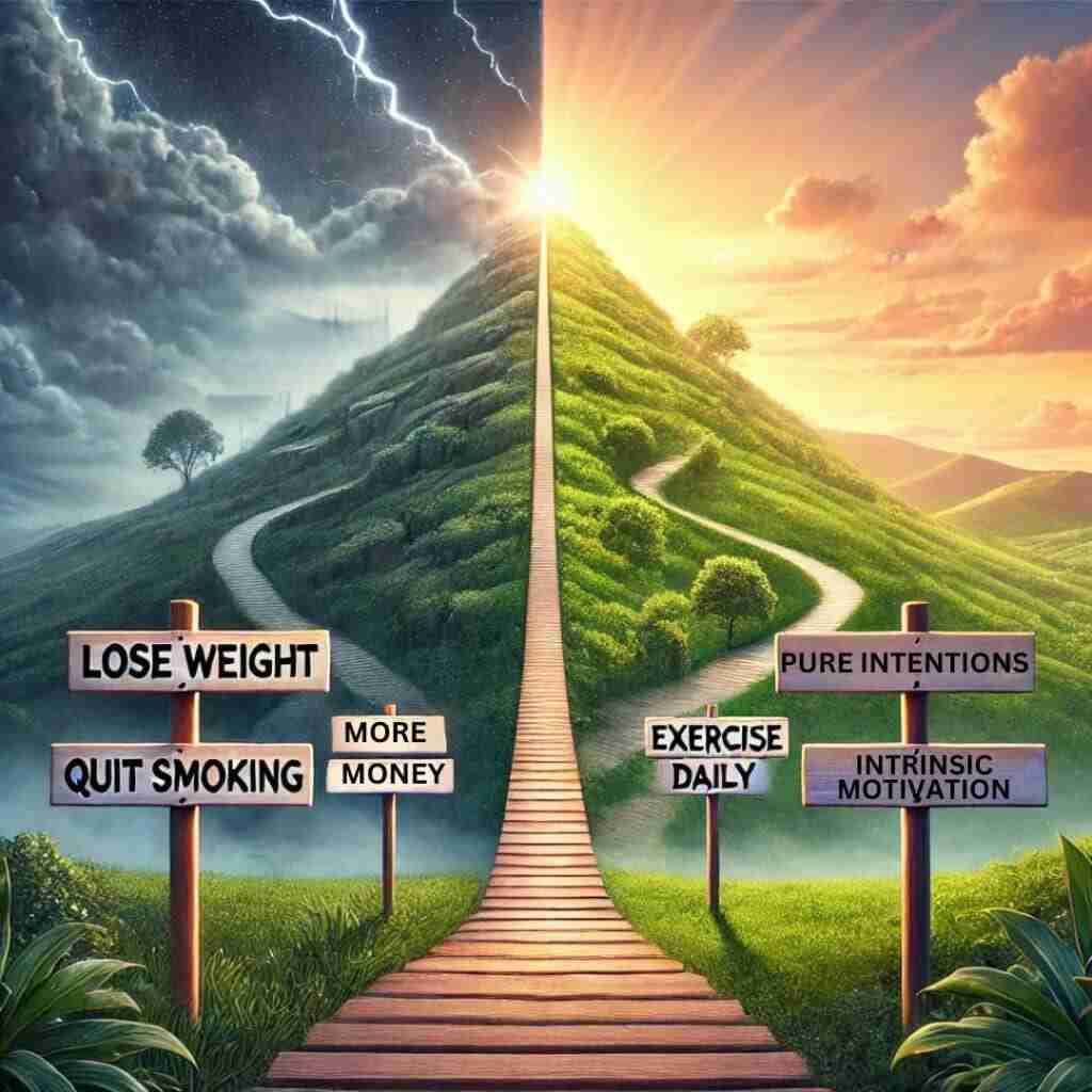 2 - Resilient Stories AI-generated image of a boardwalk going up the center of a mountain, with darkness and storms on one side and sunshine and clear skies on the other.
