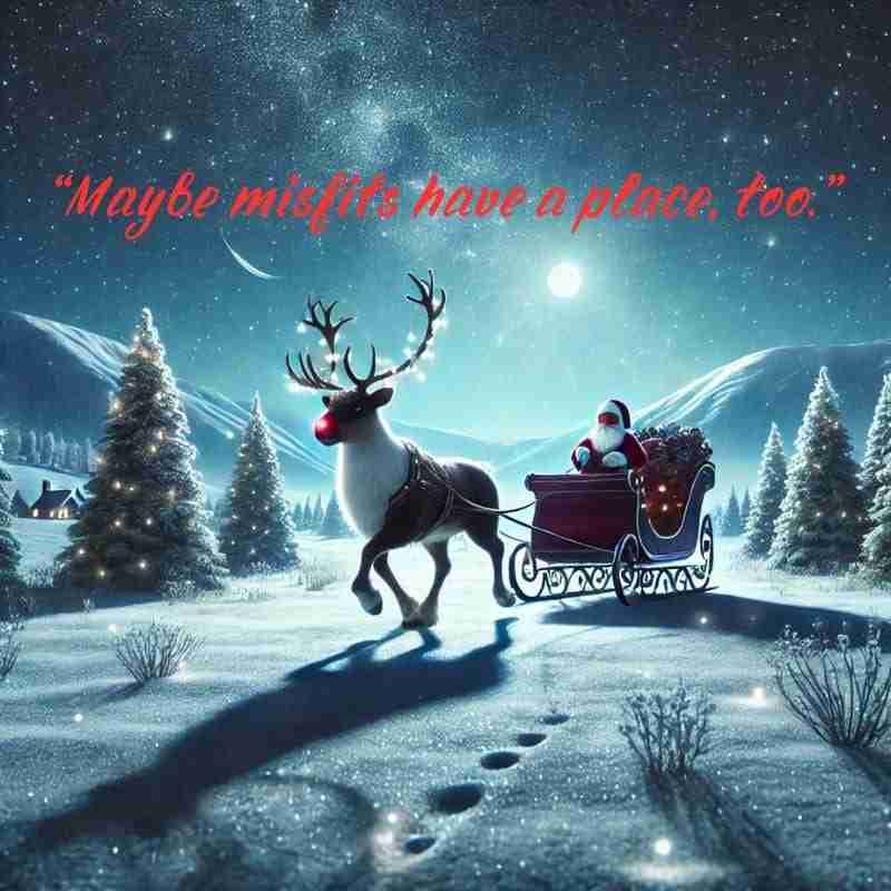 An AI generated image of Rudolph leading a sleigh in a snow-covered landscape, his nose glowing brightly. The text overlay reads, "Maybe misfits have a place, too."