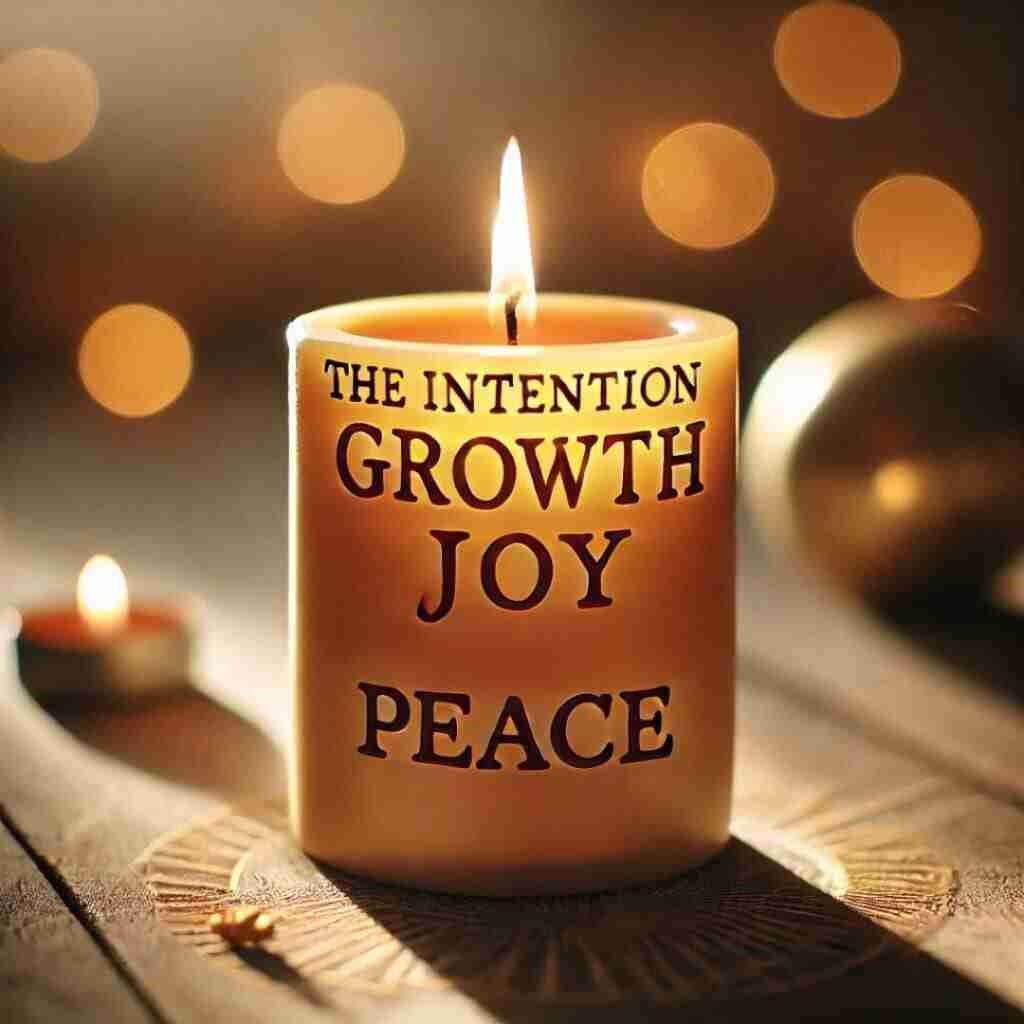 3 - Resilient Stories AI-generated image of a burning candled inscribed with the words "the intention: growth, joy, peace."