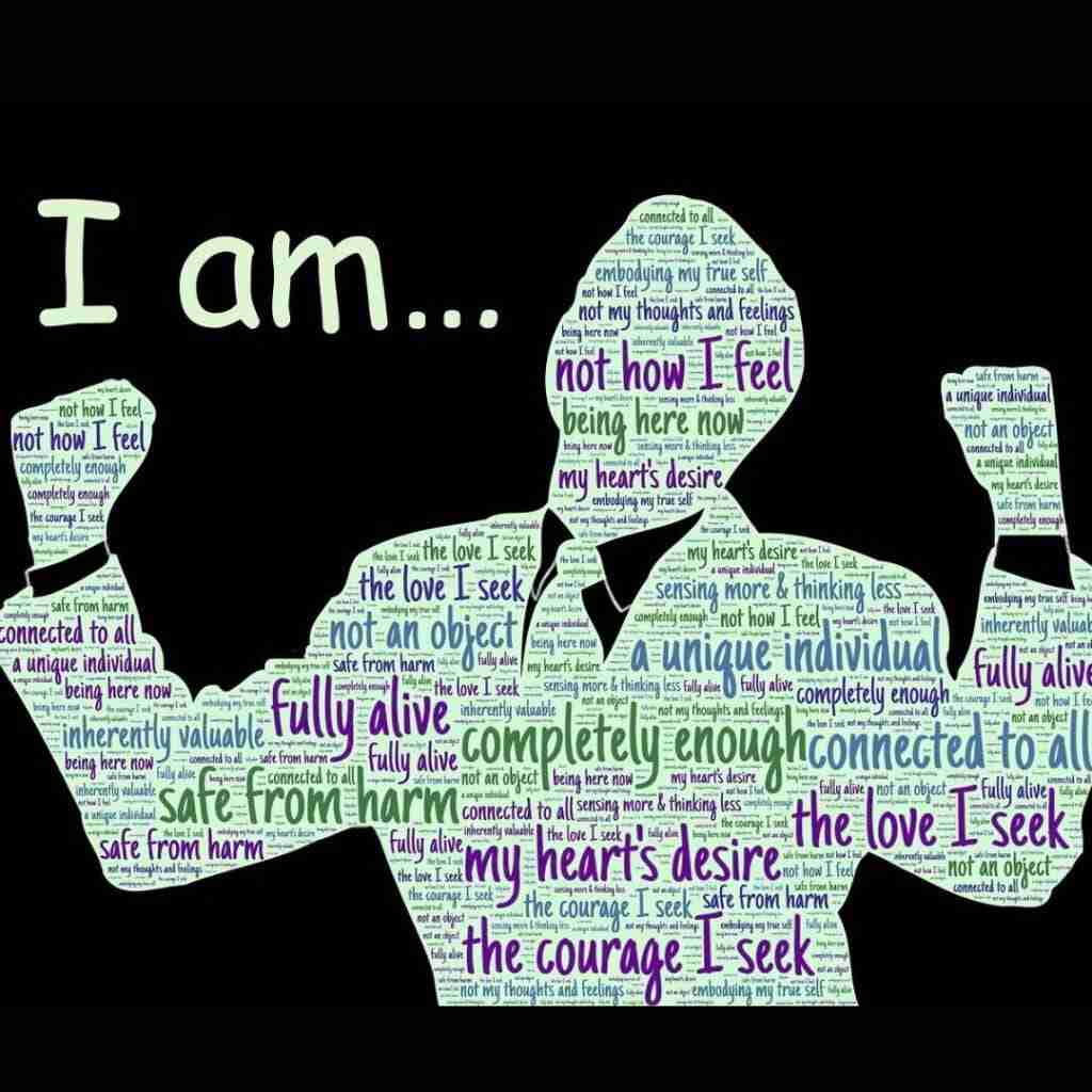 4 - Resilient Stories Illustration of an outline of a man filled with words of affirmation like "fully alive" and "safe from harm"