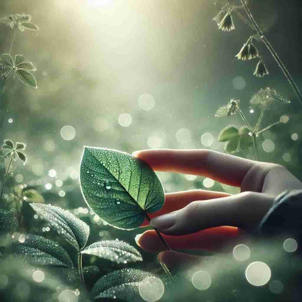 4 - Resilient Stories AI-generated image of person holding a leaf with morning dew on it, the sun glistening in the dew on surrounding plants.