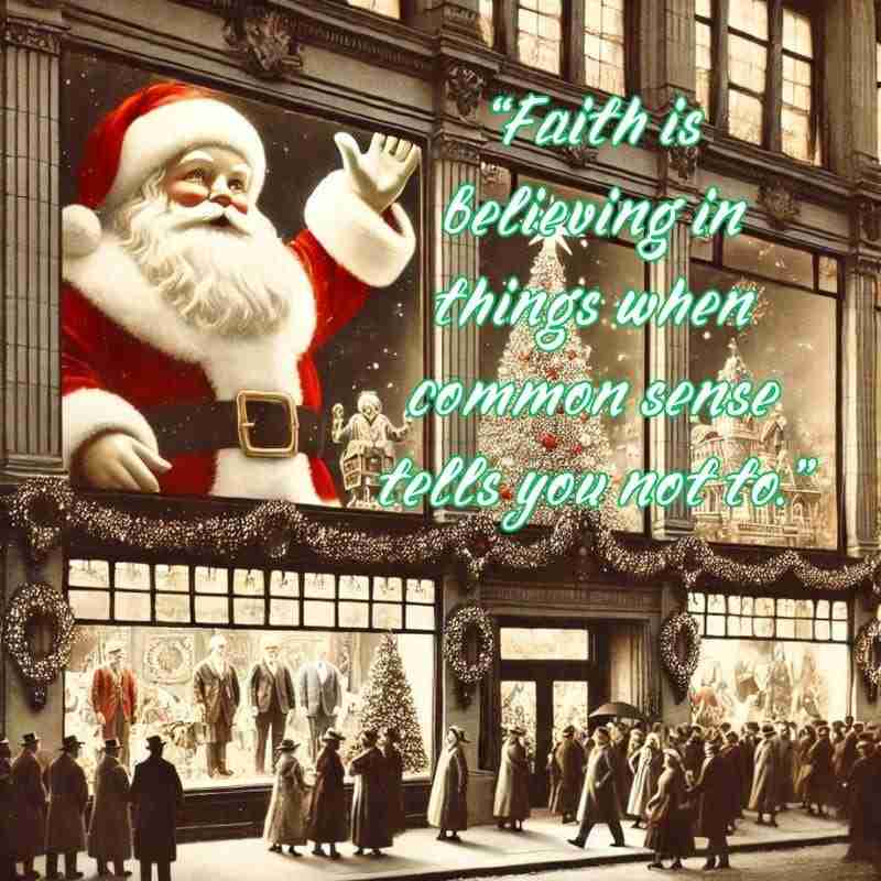 An AI generated image of a department store with festive window displays and giant Santa Claus waving to a crowd. There is a quote from the movie in a text overlay that reads, "Faith is believing in things when common sense tells you not to."