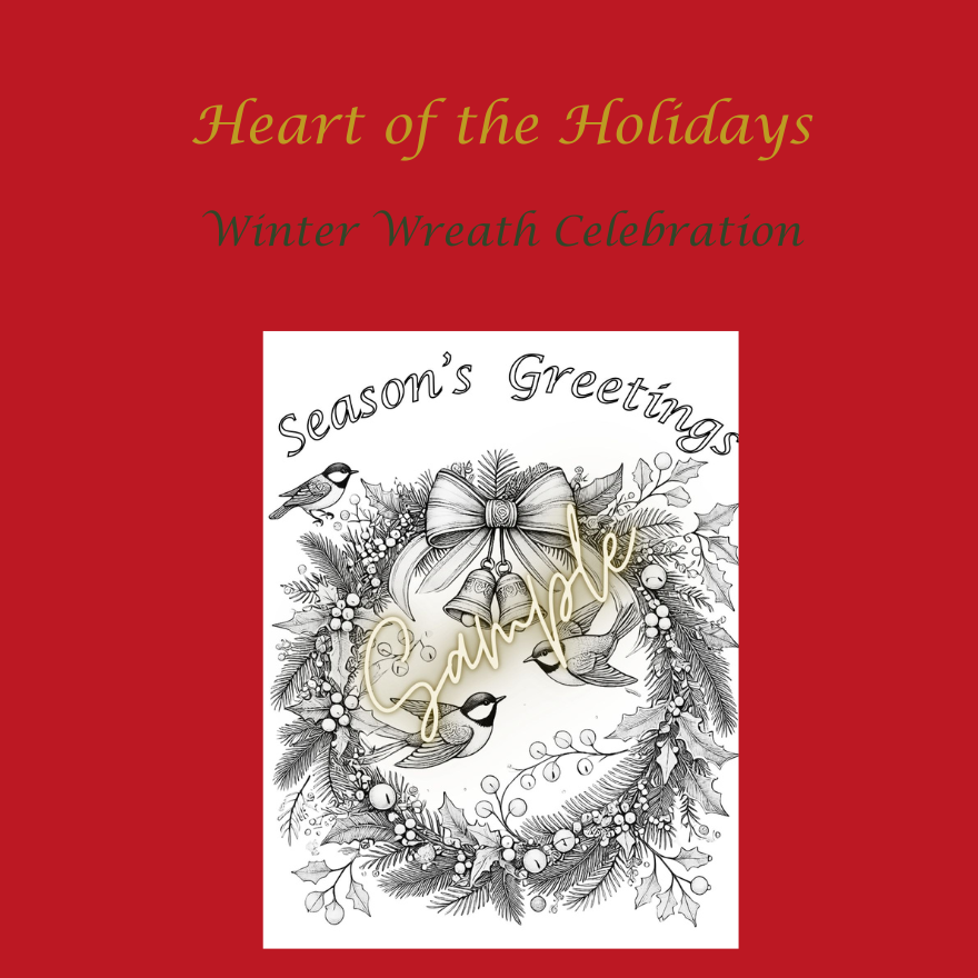 5 - Resilient Stories An image of one of Christmas coloring pages. The winter wreath collection features a wreath, holly, bows, and birds with the words Season's Greetings.