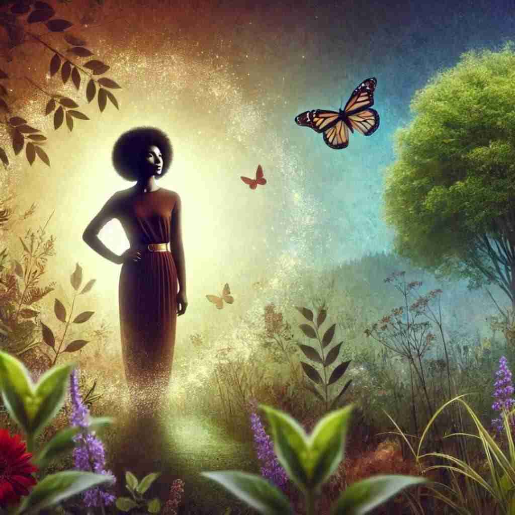 6 - Resilient Stories AI-generated image of a black female standing in a field surrounded by nature and butterflies