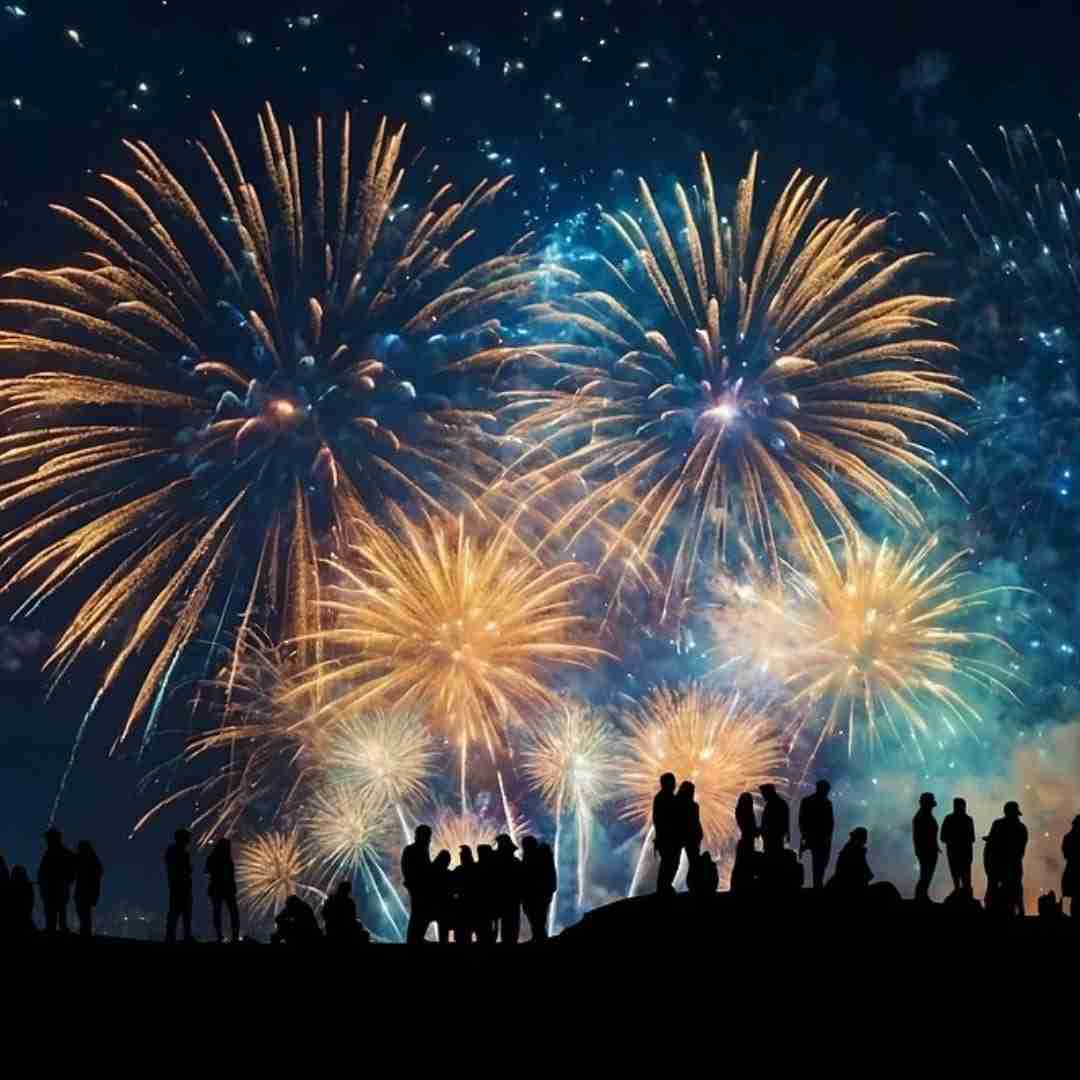 Photo of silhouettes of people standing on a hillside watching new years eve fireworks.