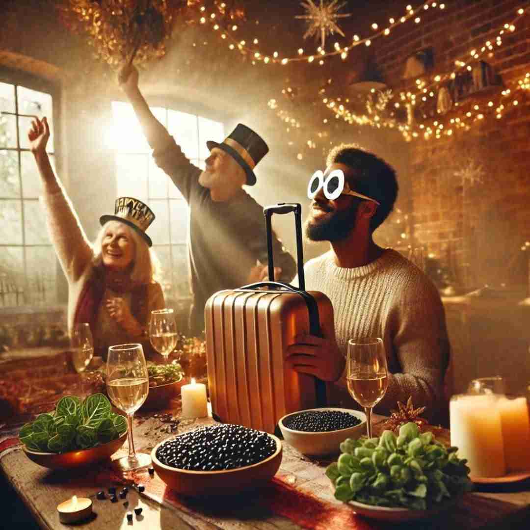 AI-image of a black man with a suitecase and sunglasses at a restaurant during a new years celebrations.