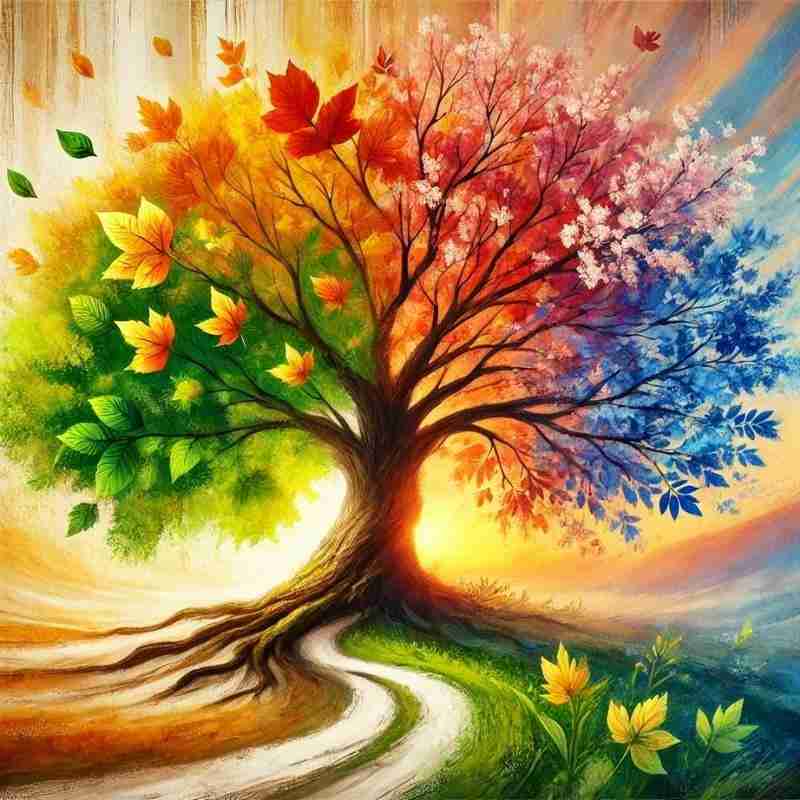 An AI generated image of a vibrant abstract colorful tree symbolizing personal growth, change, and resilience against a soft, artistic background.