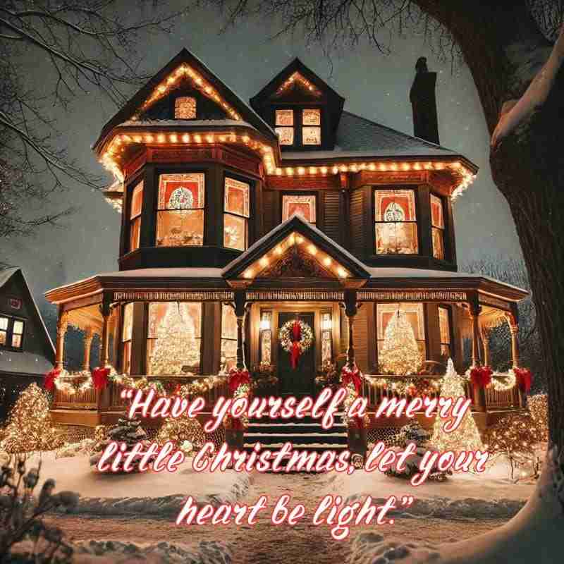 An AI generated image of a Victorian-style home decorated for Christmas with warm lights, viewed on a winter night. The quote from this classic holiday movie reads, "Have yourself a merry little Christams, let your heart be light."
