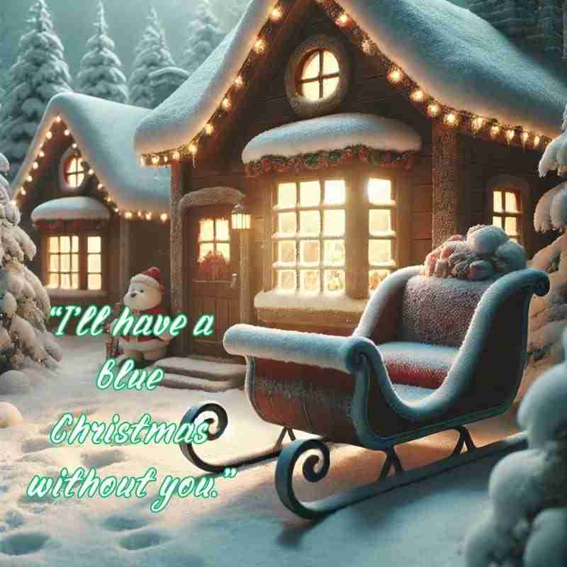 An AI generated image of Santa’s workshop at the North Pole, with snow outside and an empty sleigh. The text overlay reads, "I'll have a blue Christmas without you."