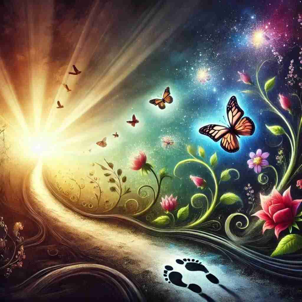 9 - Resilient Stories AI-image symbolizing transformation as a journey, with a winding path leading from darkness to light and butterflies fluttering around glowing flowers, representing progress and self-discovery.,