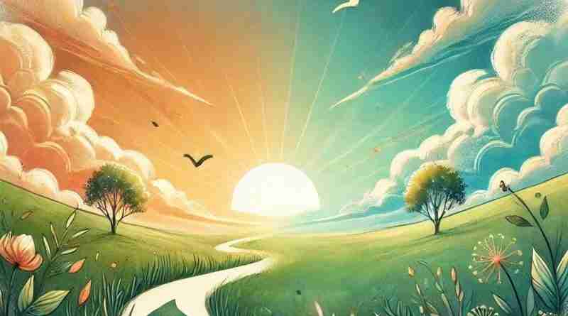 An AI generated depiction of a winding path, surrounded by a serene, evolving landscape that transitions from soft, muted tones to vibrant, warm hues, symbolizing the journey of change and personal transformation.