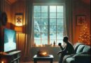 An AI generated image of a somber holiday scene with a person drinking hot cocoa and watching a classic Christmas movie alone.